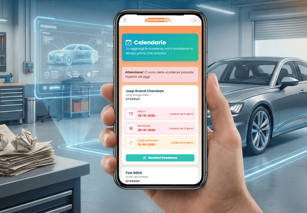 Schermata principale dell'app LibrettoAuto con la lista dei veicoli e le scadenze di revisione e assicurazione